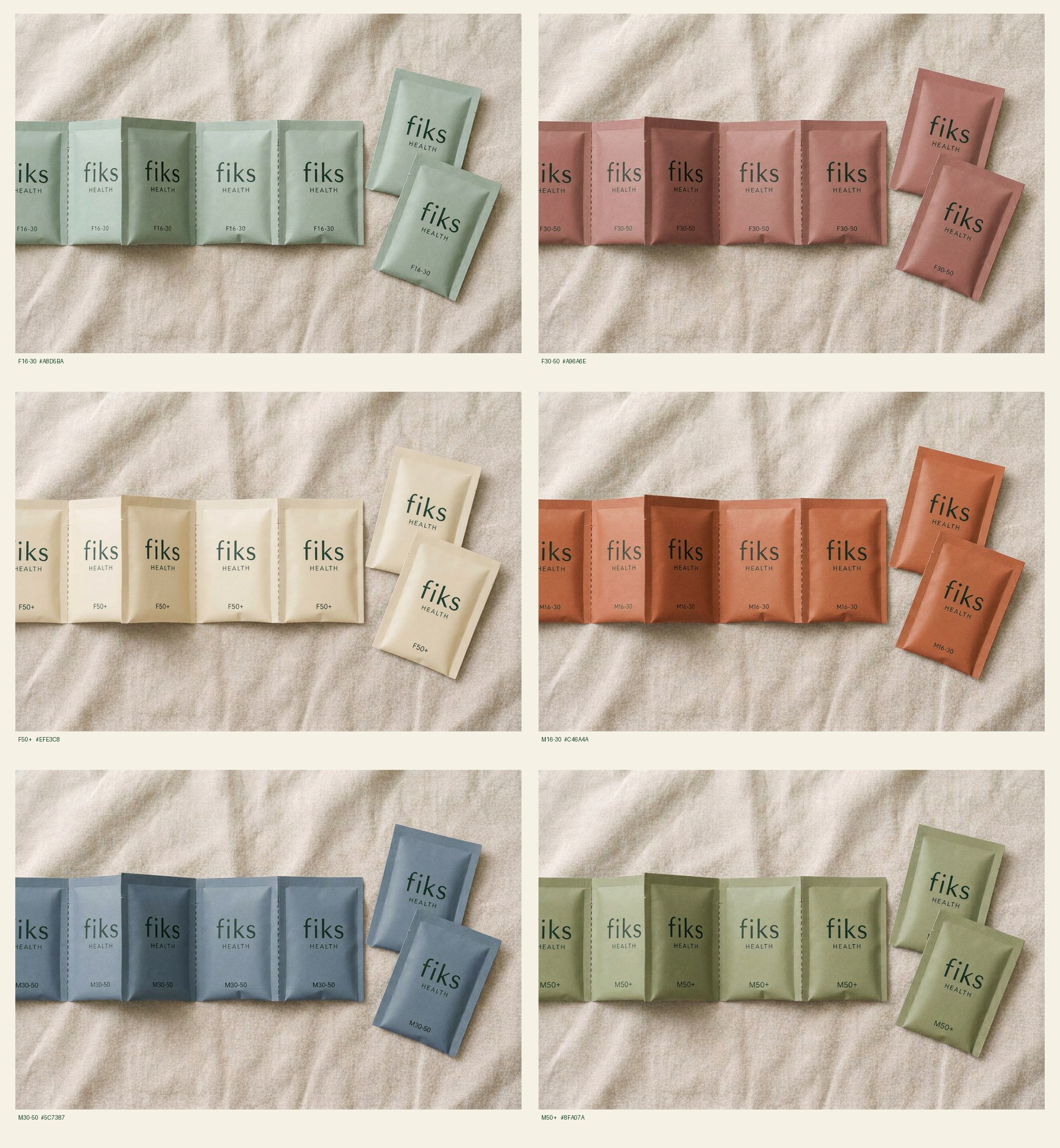 All six Fiks cohort sachet strips side by side on a natural tabletop