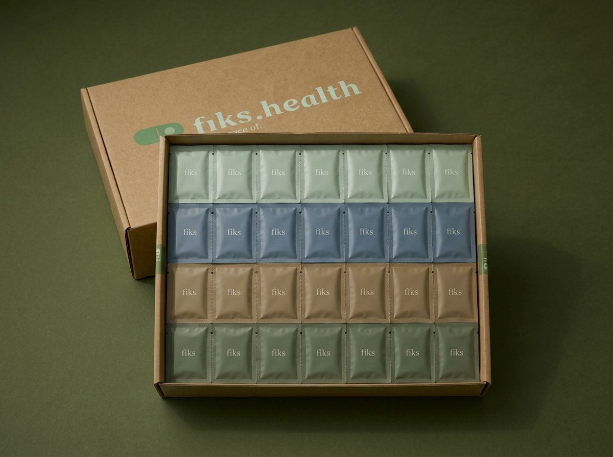 fiks.health male monthly box — 4 weekly strips of 7 daily sachets in celadon, petrol blue, khaki and moss green