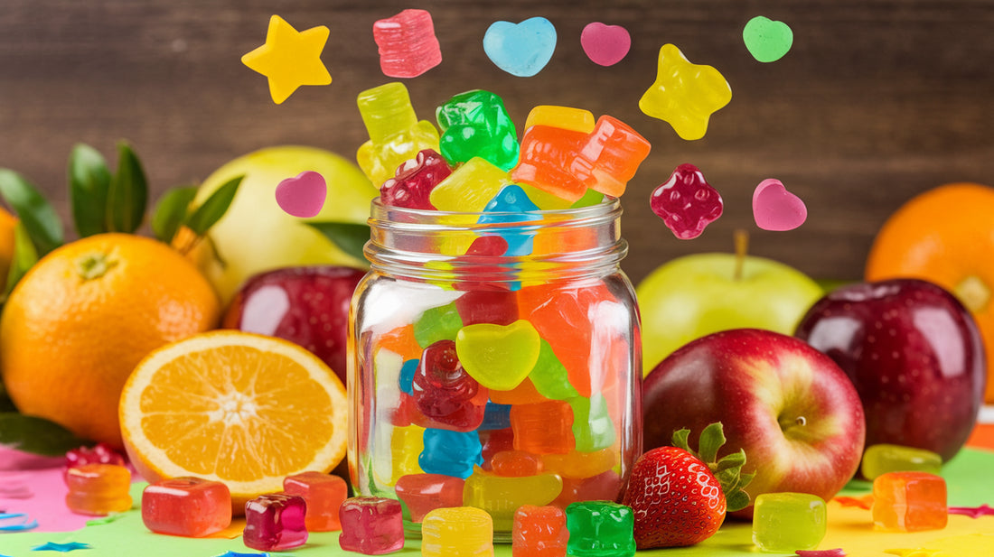 A photo of a vibrant jar filled with brightly colored gummies.