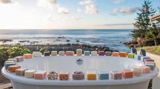 A photo of a white, porcelain bathtub surrounded by bathtub soap.