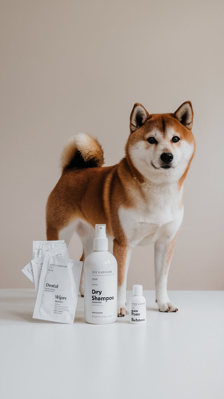 A Shiba Inu standing behind natural pet care essentials including dry shampoo and dog dental wipes.